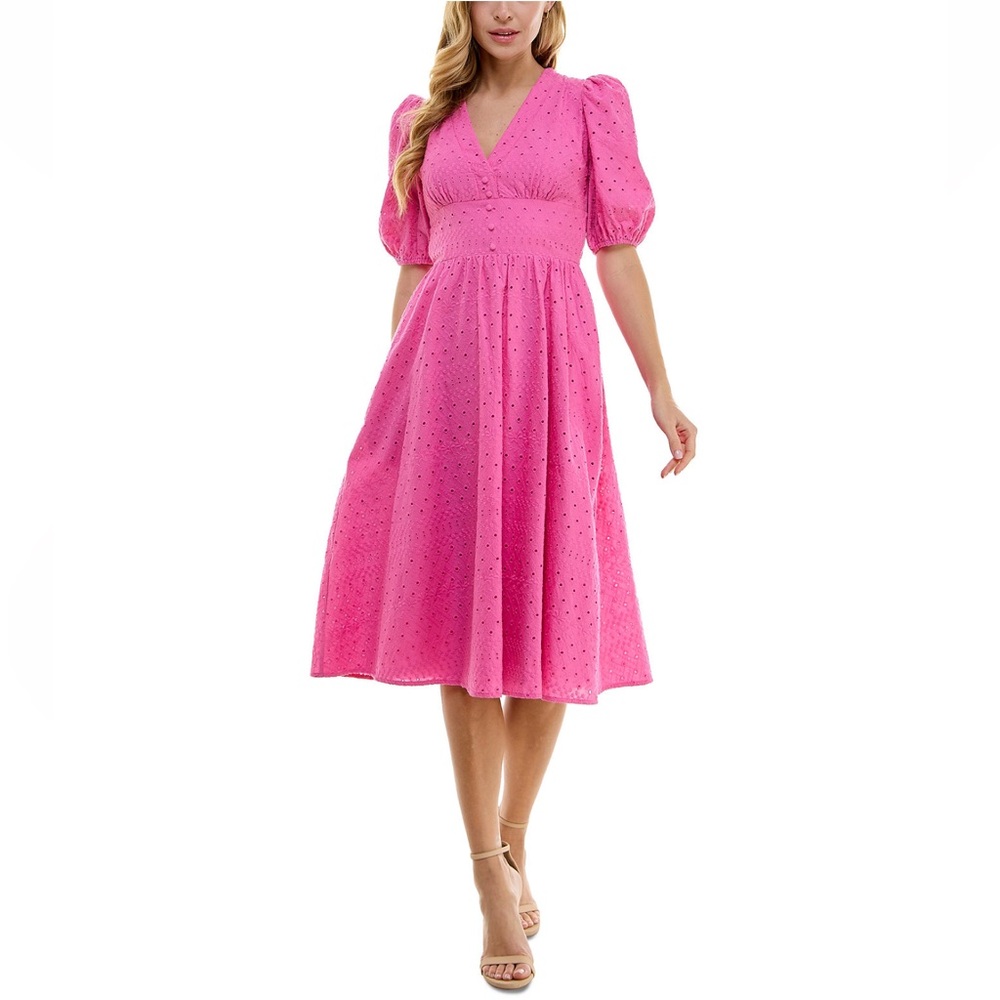 Bohemian Pink Eyelet Midi Summer Party Dress Vacation Resort Cottagecore
